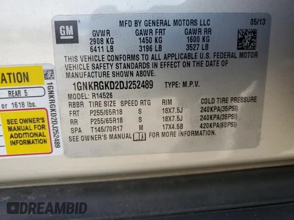 ✅ 2013 Chevrolet Traverse LT • VIN: 1GNKRGKD2DJ252489 • Lot: 73384504. Wystawiony na Copart z przebiegiem 185 745 mil. Bezpłatny archiwum sprzedaży aukcyjnych z USA i szczegółowy raport historii pojazdu na DreamBid. Zdjęcie 15.