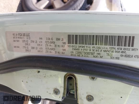 ✅ 2019 Ram 1500 SLT • VIN: 1C6RR6TT5KS657607 • Lot: 42587851. Listed on IAAI with Not provided. Free auction sales archive from the USA and detailed vehicle history report at DreamBid. Image 9.