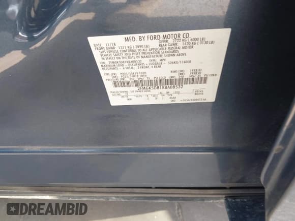 ✅ 2019 Ford Flex Limited • VIN: 2FMGK5D81KBA08532 • Lot: 43489947. Listed on IAAI with 94,673 mi. Free auction sales archive from the USA and detailed vehicle history report at DreamBid. Image 9.