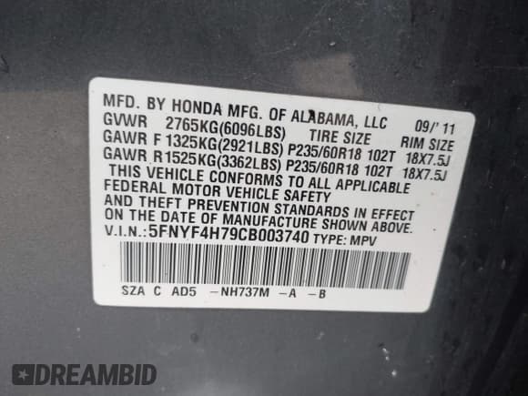 ✅ 2012 Honda Pilot EX-L • VIN: 5FNYF4H79CB003740 • Lot: 43812027. Listed on IAAI with 236,841 mi. Free auction sales archive from the USA and detailed vehicle history report at DreamBid. Image 9.