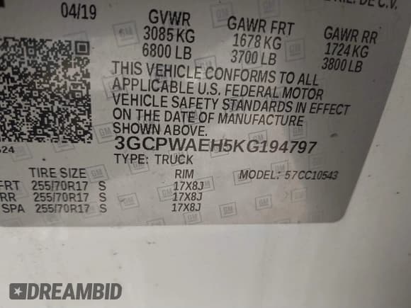 ✅ 2019 Chevrolet Silverado 1500 Work Truck • VIN: 3GCPWAEH5KG194797 • Lot: 41214070. Wystawiony na IAAI z przebiegiem Nie podano. Bezpłatny archiwum sprzedaży aukcyjnych z USA i szczegółowy raport historii pojazdu na DreamBid. Zdjęcie 9.