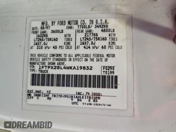✅ 1998 Ford F-250 • VIN: 1FTPX28L4WKA19832 • Лот: 94754475. Опубликован ранее на Copart с пробегом 154 974 миль. Бесплатный доступ к архиву аукционных продаж из США и подробный отчёт об истории автомобиля на DreamBid. Изображение 12.