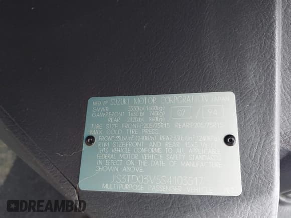 ✅ 1995 Suzuki Sidekick • VIN: JS3TD03V5S4103517 • Lot: 42523051. Listed on IAAI with 143,590 mi. Free auction sales archive from the USA and detailed vehicle history report at DreamBid. Image 9.