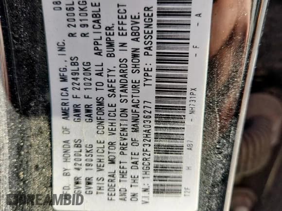 ✅ 2017 Honda Accord LX • VIN: 1HGCR2F32HA036277 • Lot: 85960265. Listed on Copart with 127,929 mi. Free auction sales archive from the USA and detailed vehicle history report at DreamBid. Image 13.