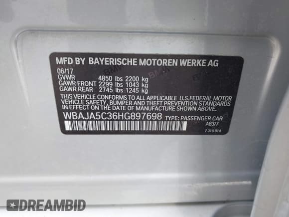 ✅ 2017 BMW 5 Series 530i • VIN: WBAJA5C36HG897698 • Lot: 42366101. Listed on IAAI with 69,407 mi. Free auction sales archive from the USA and detailed vehicle history report at DreamBid. Image 9.