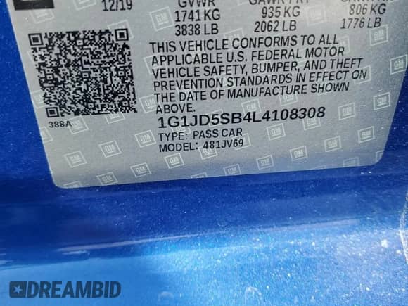 2020 Chevrolet Sonic LT with VIN 1G1JD5SB4L4108308, listed as a Copart auction lot 71489305 with 18,668 mi miles and Salvage title. Bid and sale history available at DreamBid. Image 12.