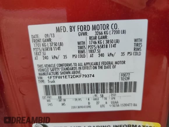 ✅ 2013 Ford F-150 XL • VIN: 1FTFW1ET2DKF79374 • Lot: 61192585. Listed on Copart with 229,286 mi. Free auction sales archive from the USA and detailed vehicle history report at DreamBid. Image 12.