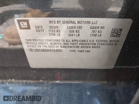 2017 Chevrolet Sonic LT with VIN 1G1JD5SB6H4154391, listed as a IAAI auction lot 42581620 with 83,073 mi miles and . Bid and sale history available at DreamBid. Image 9.