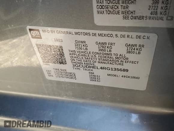 2024 Chevrolet Silverado 1500 ZR2 с VIN 3GCUDHEL4RG135689, выставлен на аукционе Copart как лот 87271775 с пробегом Не указан миль и Списание • Salvage title. История ставок и продаж доступна на DreamBid. Изображение 12.