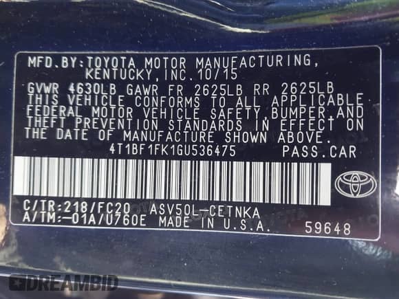 2016 Toyota Camry SE with VIN 4T1BF1FK1GU536475, listed as a IAAI auction lot 43610832 with 84,315 mi miles and . Bid and sale history available at DreamBid. Image 9.