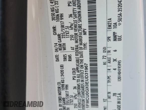 ✅ 2014 Ford Escape SE • VIN: 1FMCU0GX0EUD31967 • Lot: 85551535. Wystawiony na Copart z przebiegiem 86 415 mil. Bezpłatny archiwum sprzedaży aukcyjnych z USA i szczegółowy raport historii pojazdu na DreamBid. Zdjęcie 14.