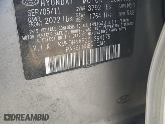 ✅ 2012 Hyundai Elantra Limited • VIN: KMHDH4AE2CU294179 • Lot: 89723555. Listed on Copart with 229,626 mi. Free auction sales archive from the USA and detailed vehicle history report at DreamBid. Image 12.