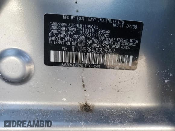 ✅ 2008 Subaru Impreza Outback Special Sports • VIN: JF1GH63668G828993 • Lot: 46418845. Listed on Copart with Not provided. Free auction sales archive from the USA and detailed vehicle history report at DreamBid. Image 13.