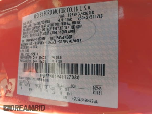 ✅ 2004 Ford Mustang Standard • VIN: 1FAFP40494F127080 • Лот: 42761557. Опубликован ранее на IAAI с пробегом 167 061 миль. Бесплатный доступ к архиву аукционных продаж из США и подробный отчёт об истории автомобиля на DreamBid. Изображение 9.