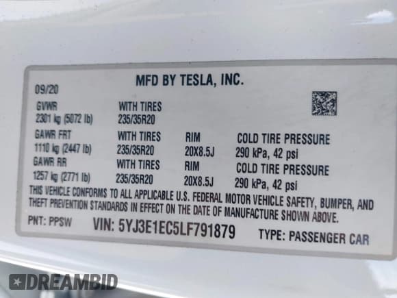 ✅ 2020 Tesla Model 3 Performance • VIN: 5YJ3E1EC5LF791879 • Lot: 41302692. Wystawiony na IAAI z przebiegiem 76 502 mil. Bezpłatny archiwum sprzedaży aukcyjnych z USA i szczegółowy raport historii pojazdu na DreamBid. Zdjęcie 9.