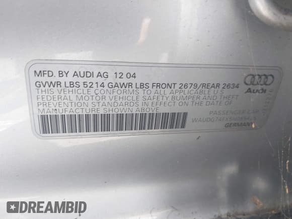 ✅ 2005 Audi A6 • VIN: WAUDG74FX5N085425 • Лот: 42956342. Опубликован ранее на IAAI с пробегом 131 904 миль. Бесплатный доступ к архиву аукционных продаж из США и подробный отчёт об истории автомобиля на DreamBid. Изображение 9.