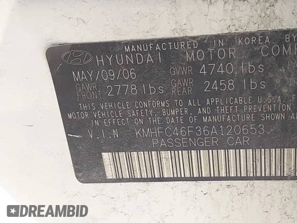 2006 Hyundai Azera SE with VIN KMHFC46F36A120653, listed as a IAAI auction lot 41729959 with 133,083 mi miles and . Bid and sale history available at DreamBid. Image 9.