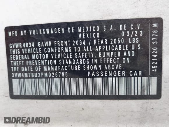 ✅ 2023 Volkswagen Jetta S • VIN: 3VW4M7BU2PM026795 • Lot: 43335616. Wystawiony na IAAI z przebiegiem 27 812 mil. Bezpłatny archiwum sprzedaży aukcyjnych z USA i szczegółowy raport historii pojazdu na DreamBid. Zdjęcie 9.