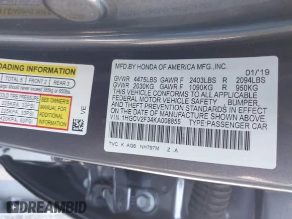 ✅ 2019 Honda Accord Sport • VIN: 1HGCV2F34KA008855 • Lot: 43205634. Listed on IAAI with 60,991 mi. Free auction sales archive from the USA and detailed vehicle history report at DreamBid. Image 9.