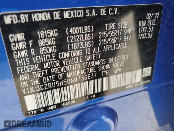 ✅ 2022 Honda HR-V EX • VIN: 3CZRU5H50NM736637 • Lot: 82093705. Listed on Copart with 52,982 mi. Free auction sales archive from the USA and detailed vehicle history report at DreamBid. Image 14.