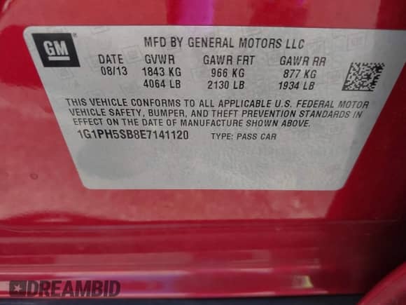 2014 Chevrolet Cruze ECO with VIN 1G1PH5SB8E7141120, listed as a IAAI auction lot 43562692 with 172,860 mi miles and . Bid and sale history available at DreamBid. Image 9.