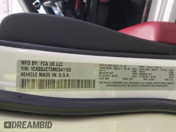 2021 Dodge Durango R/T with VIN 1C4SDJCT3MC541153, listed as a IAAI auction lot 41864730 with 39,859 mi miles and . Bid and sale history available at DreamBid. Image 9.