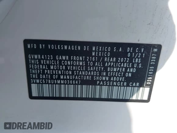 ✅ 2021 Volkswagen Jetta S • VIN: 3VWC57BU9MM036647 • Lot: 42107534. Listed on IAAI with 62,319 mi. Free auction sales archive from the USA and detailed vehicle history report at DreamBid. Image 9.