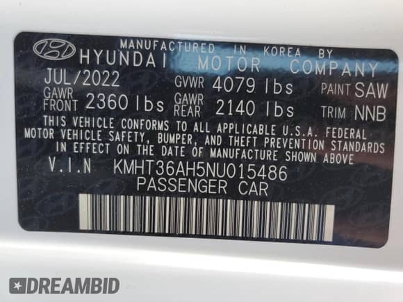 2022 Hyundai Veloster with VIN KMHT36AH5NU015486, listed as a Copart auction lot 55395744 with 11,434 mi miles and Salvage title. Bid and sale history available at DreamBid. Image 12.