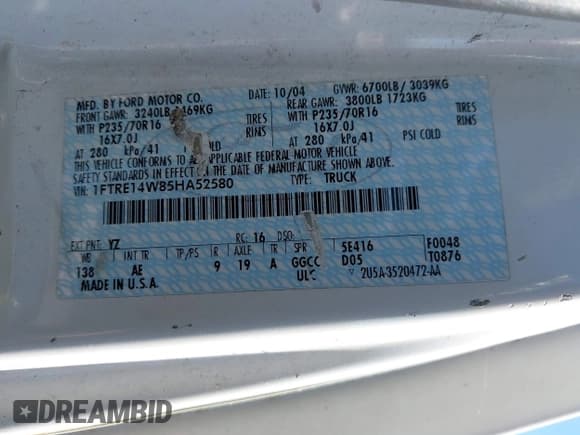 ✅ 2005 Ford Econoline Cargo • VIN: 1FTRE14W85HA52580 • Lot: 43082316. Listed on IAAI with 188,115 mi. Free auction sales archive from the USA and detailed vehicle history report at DreamBid. Image 9.