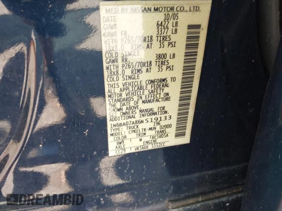 ✅ 2006 Nissan Titan LE • VIN: 1N6BA07A86N519133 • Lot: 42243130. Listed on IAAI with 128,726 mi. Free auction sales archive from the USA and detailed vehicle history report at DreamBid. Image 9.