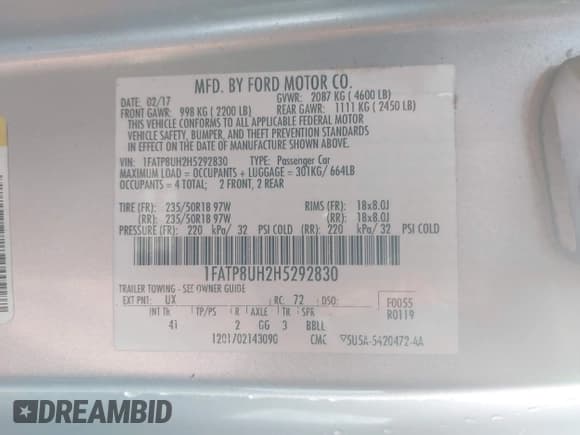 ✅ 2017 Ford Mustang EcoBoost Premium • VIN: 1FATP8UH2H5292830 • Lot: 43760390. Wystawiony na IAAI z przebiegiem 101 769 mil. Bezpłatny archiwum sprzedaży aukcyjnych z USA i szczegółowy raport historii pojazdu na DreamBid. Zdjęcie 9.