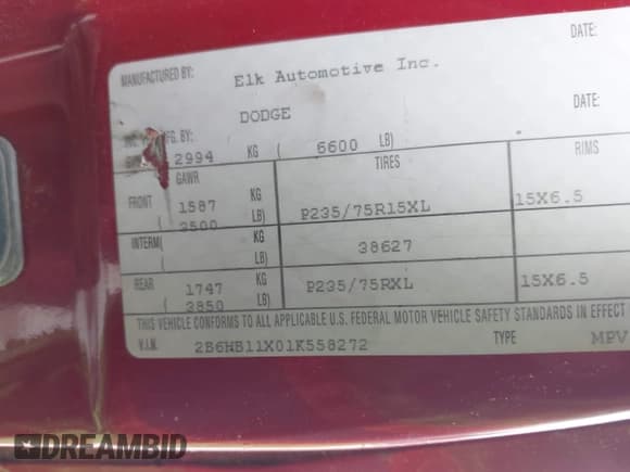 ✅ 2001 Dodge Cargo • VIN: 2B6HB11X01K558272 • Lot: 42307032. Listed on IAAI with 95,038 mi. Free auction sales archive from the USA and detailed vehicle history report at DreamBid. Image 9.