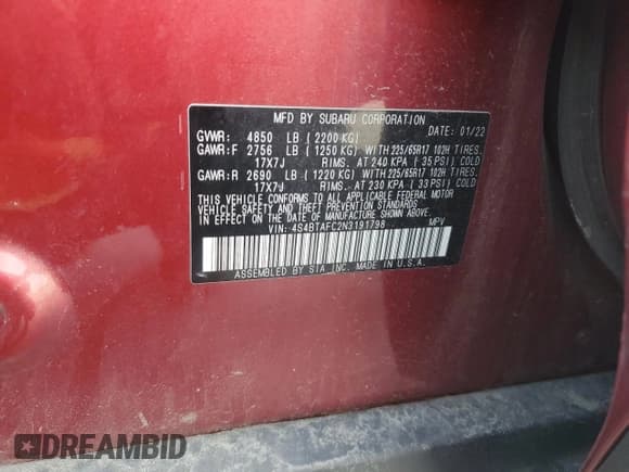 ✅ 2022 Subaru Outback Premium • VIN: 4S4BTAFC2N3191798 • Lot: 86480765. Listed on Copart with 63,574 mi. Free auction sales archive from the USA and detailed vehicle history report at DreamBid. Image 12.