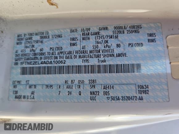 ✅ 2010 Ford Econoline Cargo Commercial • VIN: 1FTNE2EL4ADA10062 • Lot: 52039955. Listed on Copart with 61,795 mi. Free auction sales archive from the USA and detailed vehicle history report at DreamBid. Image 10.