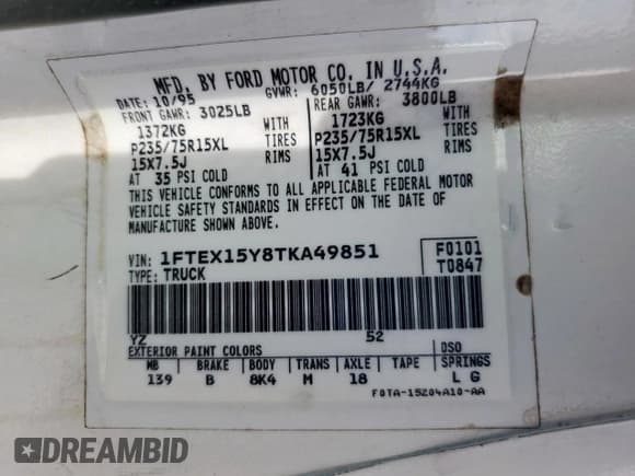 ✅ 1996 Ford F-150 S • VIN: 1FTEX15Y8TKA49851 • Lot: 64691835. Wystawiony na Copart z przebiegiem 297 520 mil. Bezpłatny archiwum sprzedaży aukcyjnych z USA i szczegółowy raport historii pojazdu na DreamBid. Zdjęcie 12.