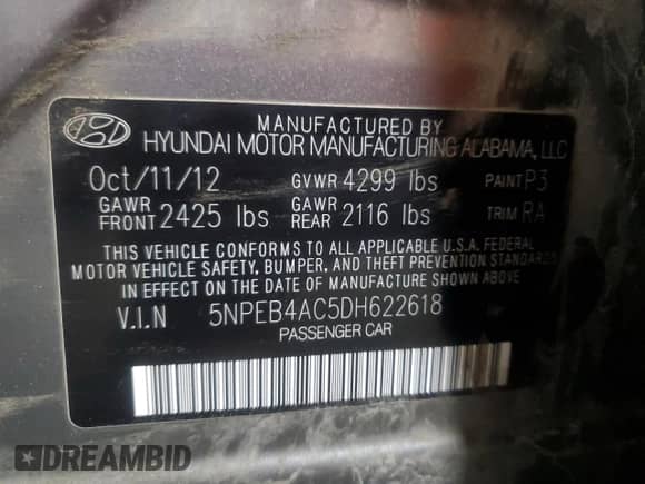 2013 Hyundai Sonata GLS with VIN 5NPEB4AC5DH622618, listed as a Copart auction lot 87060955 with 77,585 mi miles and Salvage title. Bid and sale history available at DreamBid. Image 12.