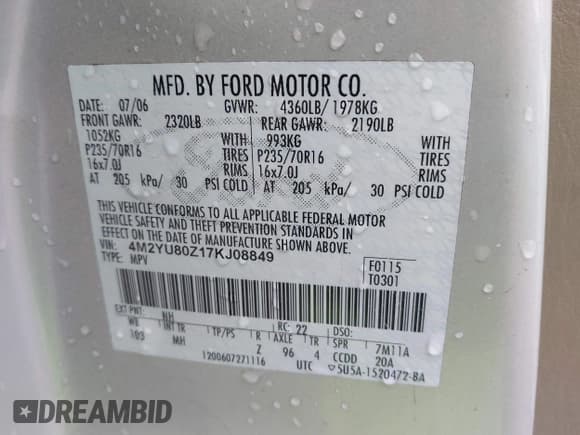 ✅ 2007 Mercury Mariner Convenience • VIN: 4M2YU80Z17KJ08849 • Lot: 41525410. Listed on IAAI with 227,293 mi. Free auction sales archive from the USA and detailed vehicle history report at DreamBid. Image 9.