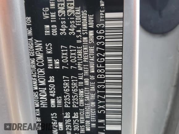 ✅ 2015 Hyundai Santa Fe • VIN: 5XYZT3LB8FG273963 • Лот: 45604724. Опубликован ранее на Copart с пробегом 75 148 миль. Бесплатный доступ к архиву аукционных продаж из США и подробный отчёт об истории автомобиля на DreamBid. Изображение 13.