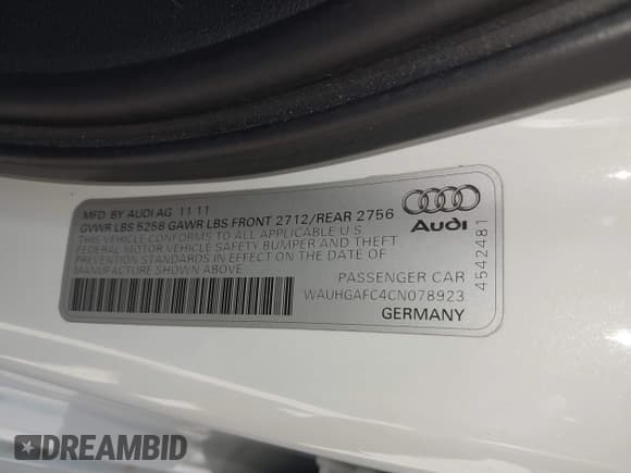 ✅ 2012 Audi A6 Prestige • VIN: WAUHGAFC4CN078923 • Lot: 41947635. Listed on IAAI with 64,083 mi. Free auction sales archive from the USA and detailed vehicle history report at DreamBid. Image 9.