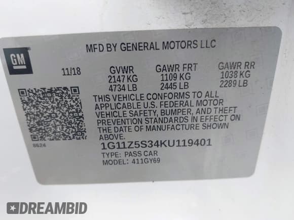 ✅ 2019 Chevrolet Impala LT • VIN: 1G11Z5S34KU119401 • Lot: 43484634. Listed on IAAI with 75,897 mi. Free auction sales archive from the USA and detailed vehicle history report at DreamBid. Image 9.