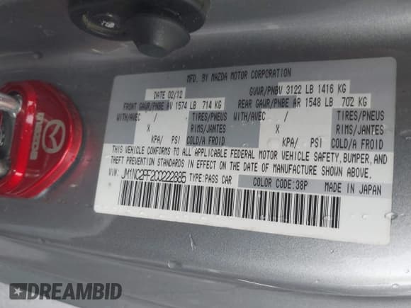 ✅ 2012 Mazda MX-5 Miata Grand Touring • VIN: JM1NC2PF2C0222885 • Lot: 43547461. Listed on IAAI with 82,803 mi. Free auction sales archive from the USA and detailed vehicle history report at DreamBid. Image 9.