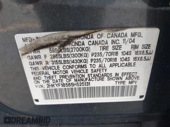✅ 2005 Honda Pilot EX-L • VIN: 2HKYF18565H525131 • Лот: 43172938. Опубликован ранее на IAAI с пробегом 181 447 миль. Бесплатный доступ к архиву аукционных продаж из США и подробный отчёт об истории автомобиля на DreamBid. Изображение 9.