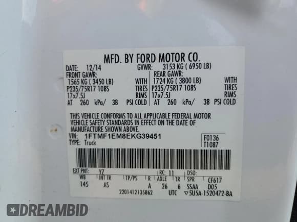 ✅ 2014 Ford F-150 XL • VIN: 1FTMF1EM8EKG39451 • Лот: 82091035. Опубликован ранее на Copart с пробегом 180 079 миль. Бесплатный доступ к архиву аукционных продаж из США и подробный отчёт об истории автомобиля на DreamBid. Изображение 12.