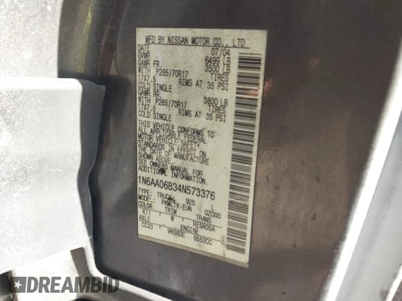 ✅ 2004 Nissan Titan SE • VIN: 1N6AA06B34N573376 • Lot: 43531594. Listed on IAAI with 222,146 mi. Free auction sales archive from the USA and detailed vehicle history report at DreamBid. Image 9.