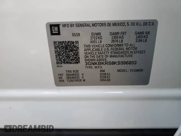 2019 Chevrolet Blazer Premier with VIN 3GNKBKRS8KS596853, listed as a Copart auction lot 72517054 with 61,123 mi miles and Salvage title. Bid and sale history available at DreamBid. Image 14.