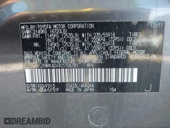 ✅ 2012 Toyota RAV4 Sport • VIN: JTMRK4DV4C5106781 • Lot: 43440231. Listed on IAAI with Not provided. Free auction sales archive from the USA and detailed vehicle history report at DreamBid. Image 9.