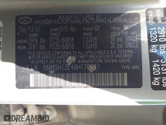 ✅ 2008 Hyundai Santa Fe SE • VIN: 5NMSH13E48H176897 • Lot: 43311941. Listed on IAAI with 196,763 mi. Free auction sales archive from the USA and detailed vehicle history report at DreamBid. Image 9.