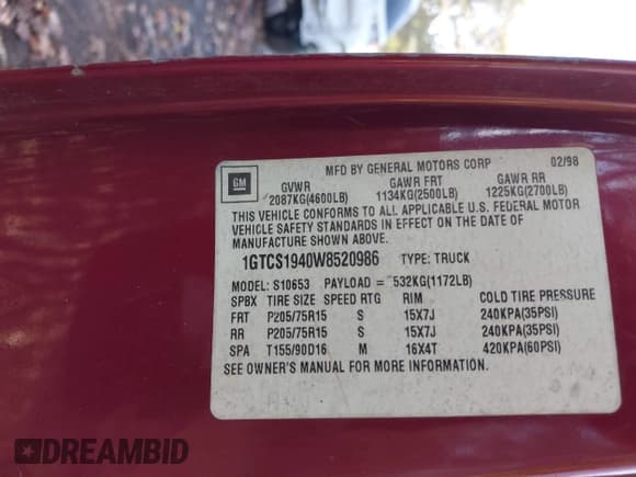 ✅ 1998 GMC Sonoma SLS • VIN: 1GTCS1940W8520986 • Lot: 43620364. Listed on IAAI with 221,061 mi. Free auction sales archive from the USA and detailed vehicle history report at DreamBid. Image 9.