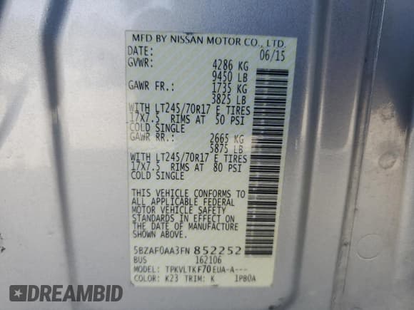 ✅ 2015 Nissan NV SL • VIN: 5BZAF0AA3FN852252 • Lot: 70133715. Wystawiony na Copart z przebiegiem 161 054 mil. Bezpłatny archiwum sprzedaży aukcyjnych z USA i szczegółowy raport historii pojazdu na DreamBid. Zdjęcie 13.