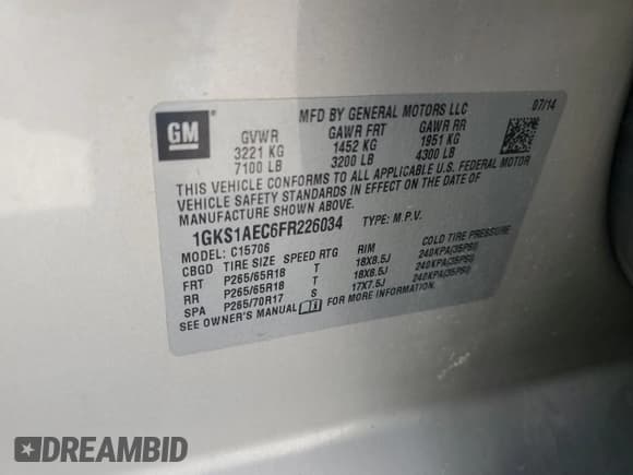 ✅ 2015 GMC Yukon • VIN: 1GKS1AEC6FR226034 • Лот: 63593185. Опубликован ранее на Copart с пробегом 97 919 миль. Бесплатный доступ к архиву аукционных продаж из США и подробный отчёт об истории автомобиля на DreamBid. Изображение 13.